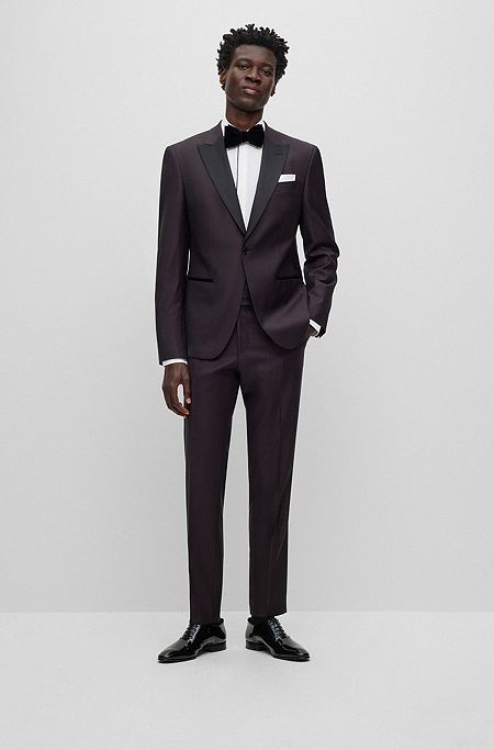 Slim-fit tuxedo in micro-patterned stretch wool, Dark Red