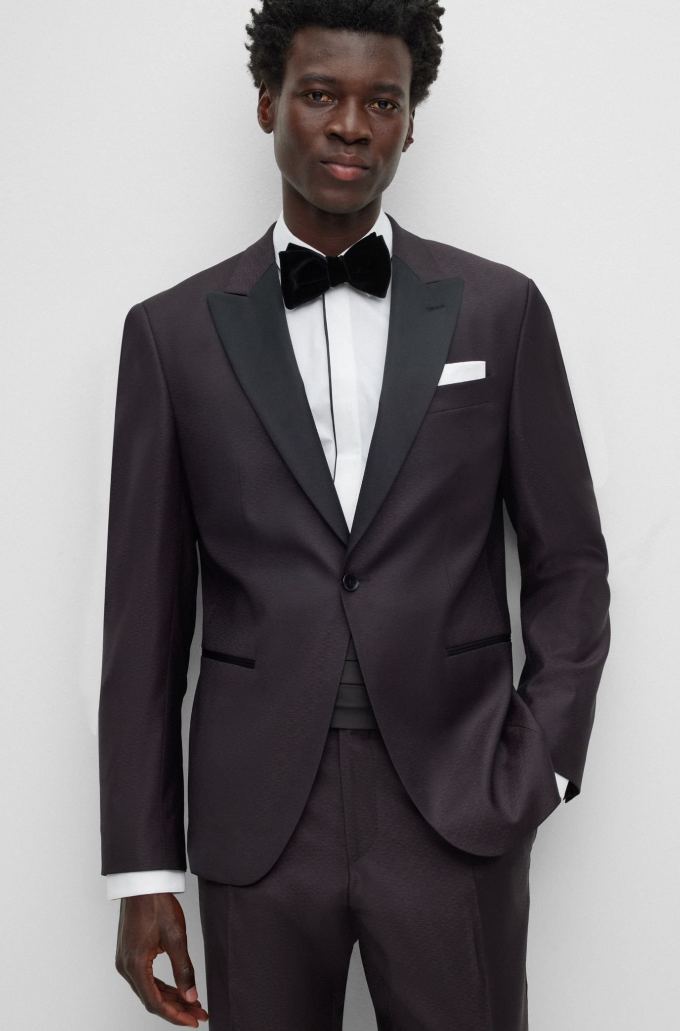 BOSS - Slim-fit tuxedo in micro-patterned stretch wool