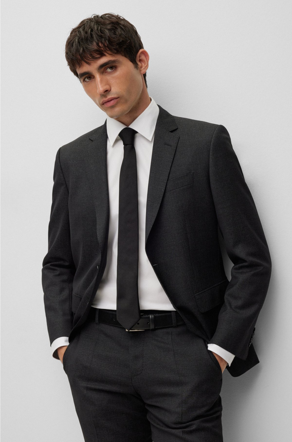 Slim-fit suit in virgin wool with signature lining, Black