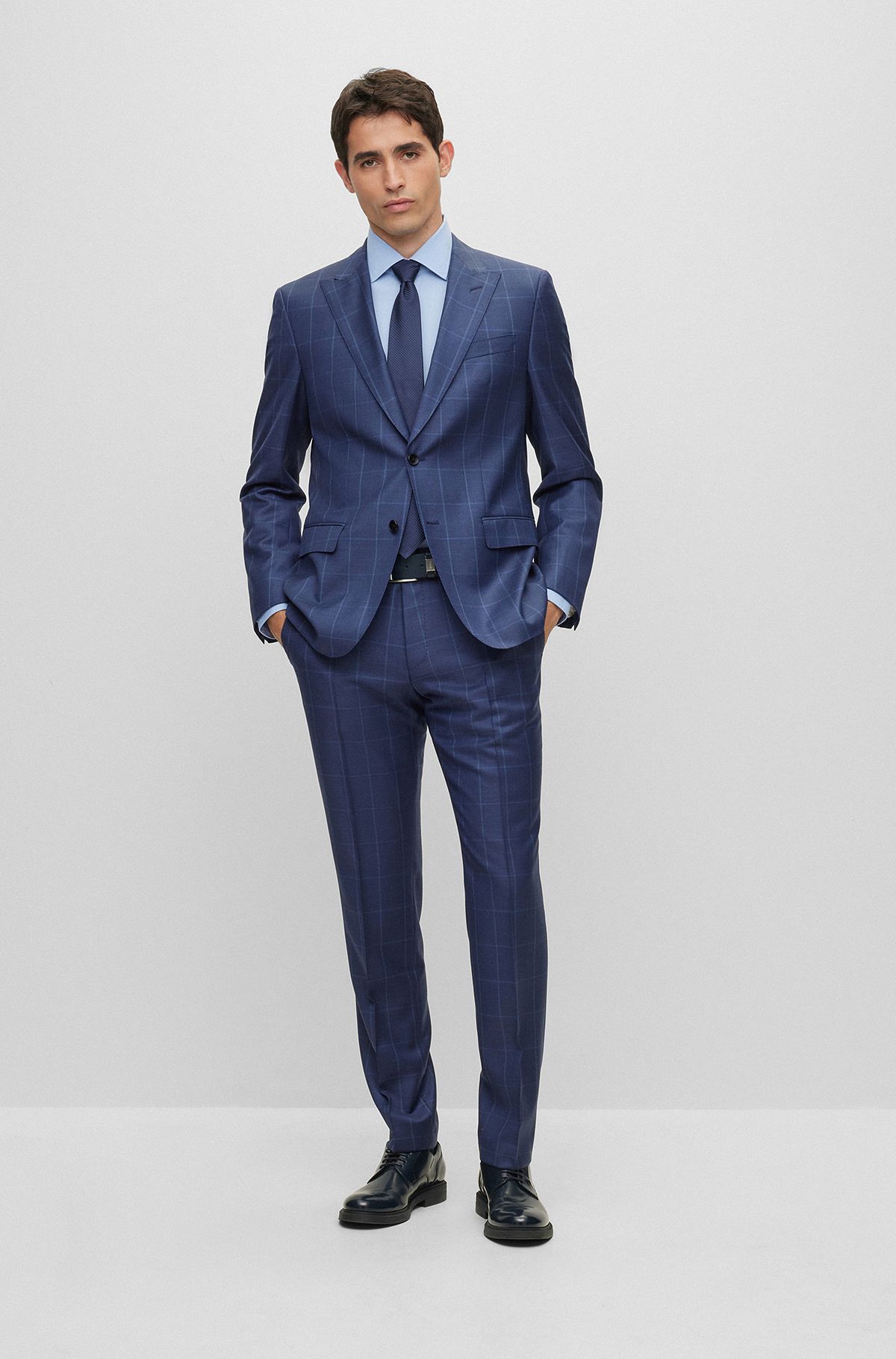 Slim-fit two-piece suit in checked virgin wool, Dark Blue