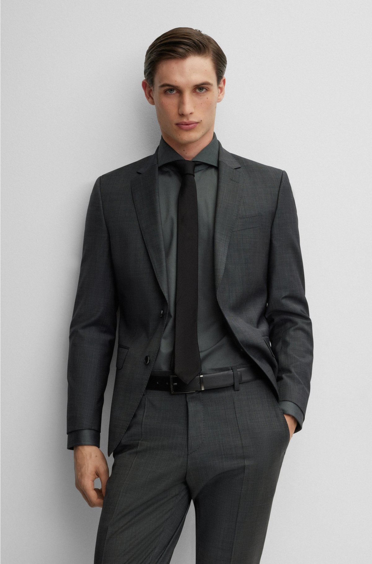 Slim-fit suit in a micro-pattern wool blend, Black