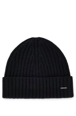 BOSS Ribbed beanie hat in cashmere Black