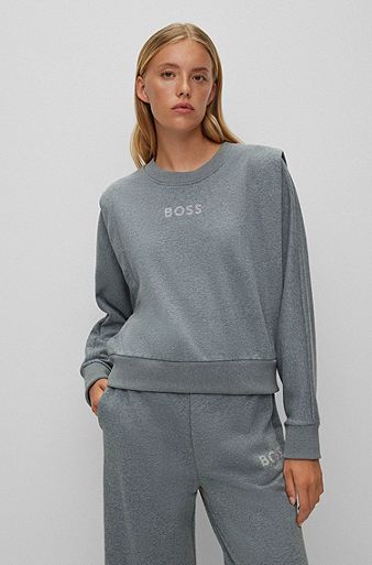 Relaxed-fit sweatshirt with layered shoulders and embellished logo, Silver