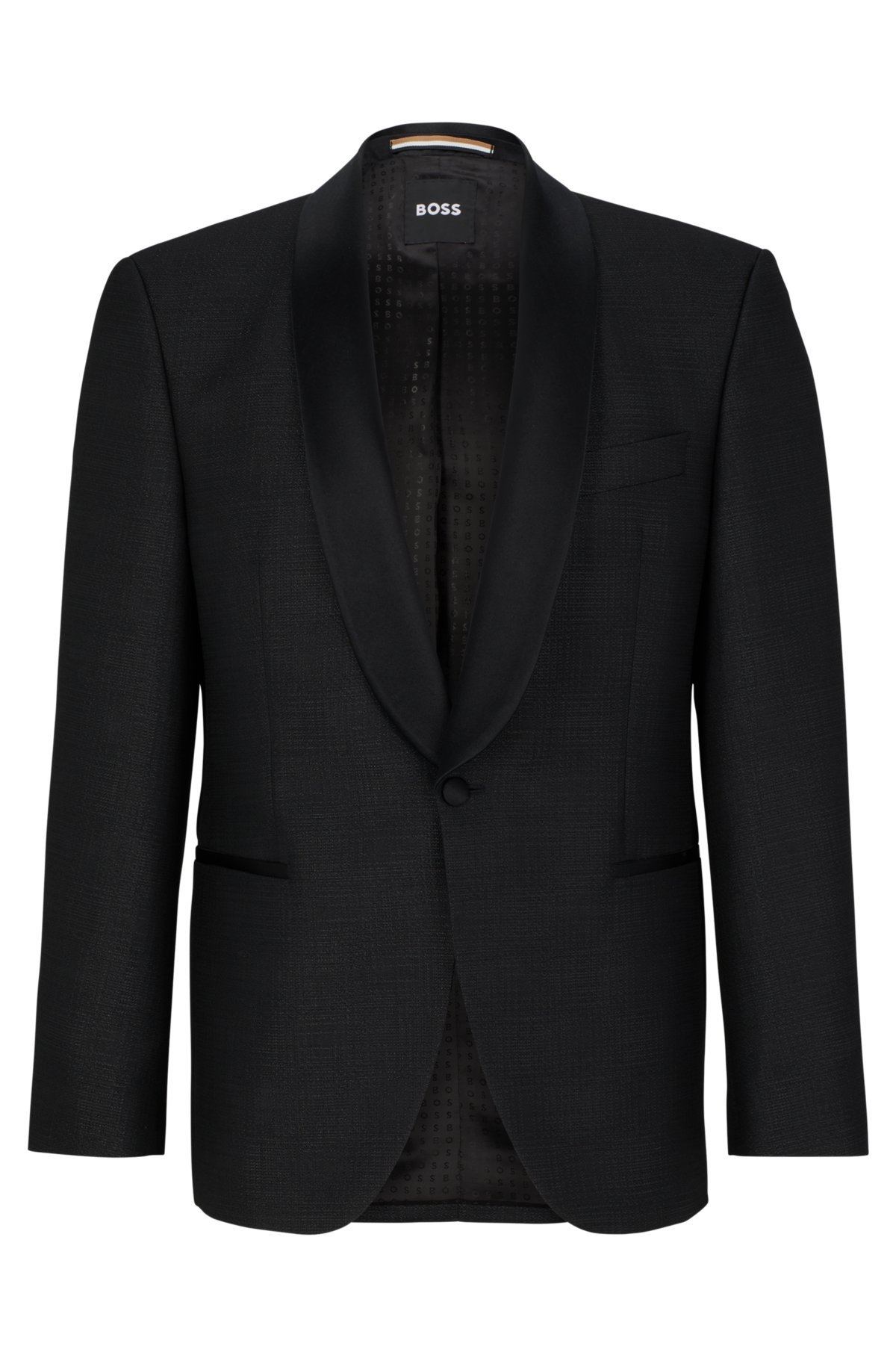 Regular-fit tuxedo jacket in a checked wool blend, Black