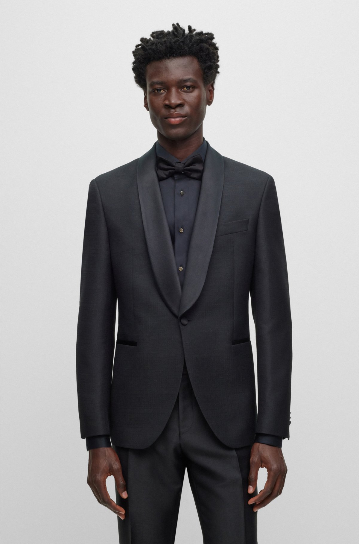 Regular-fit tuxedo jacket in a checked wool blend, Black
