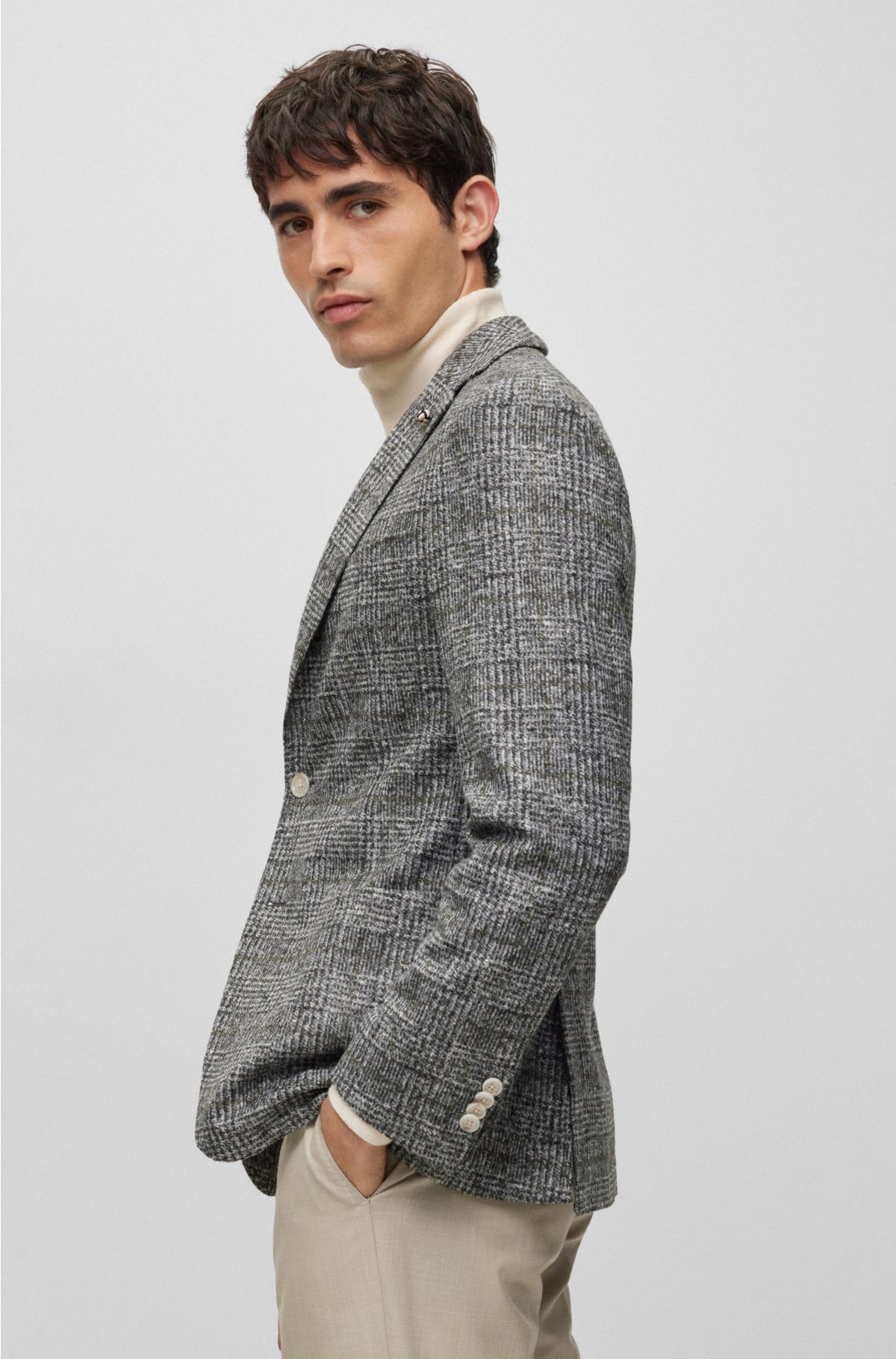 Slim-fit jacket in checked stretch jersey, Grey
