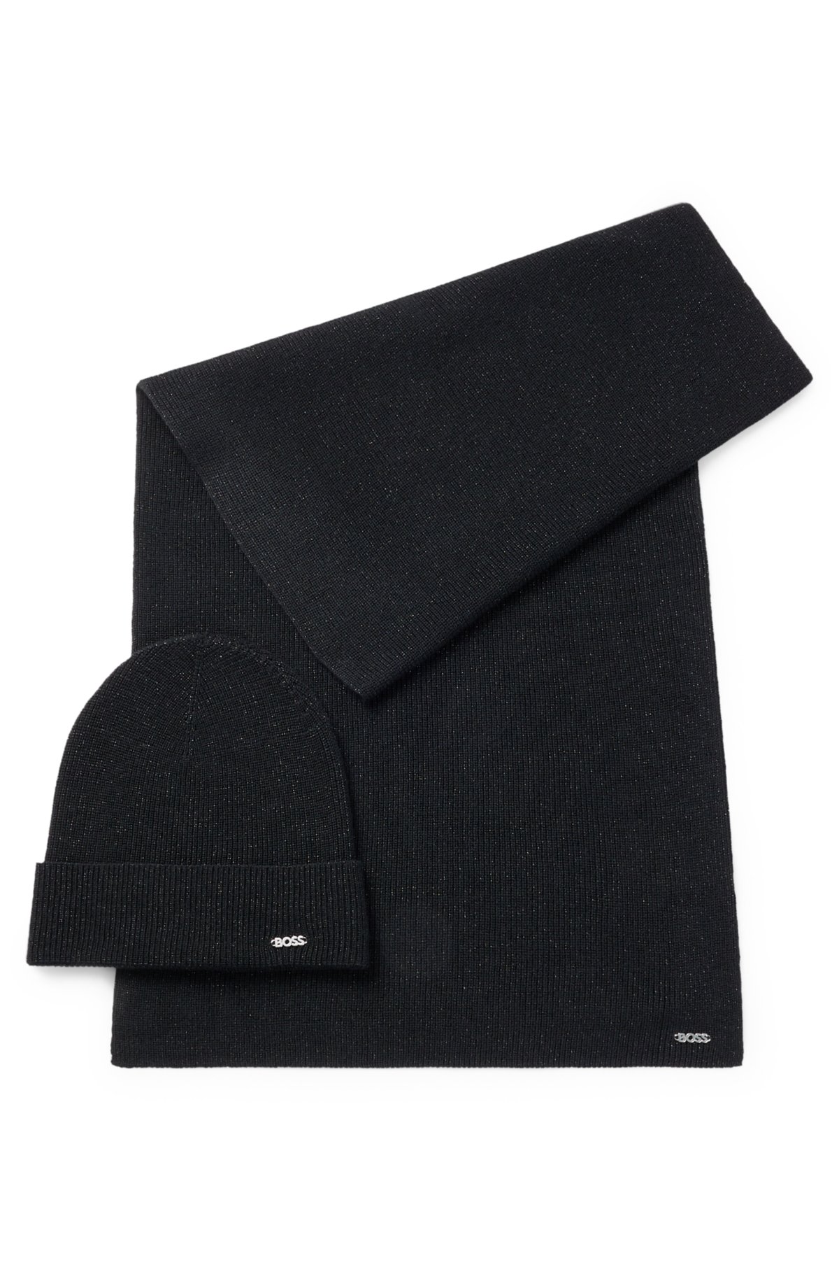 Boss Glittery-effect Beanie Hat and Scarf Gift Set- Black | Women's Scarves Size pcs.