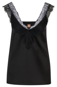 Sleeveless satin blouse with lace trim - deep blue