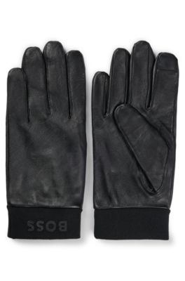 BOSS Leather gloves with branding and touchscreen friendly fingertips Black