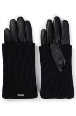 BOSS Leather gloves with wool ribbing and touchscreen friendly fingertips