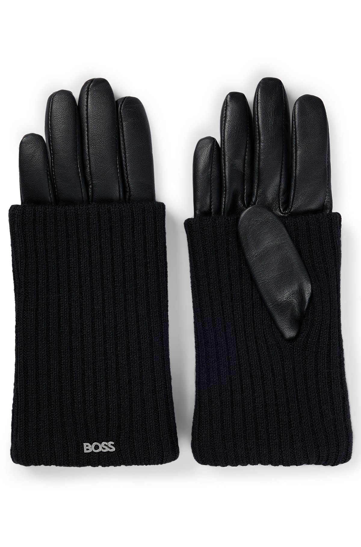 Leather gloves with wool ribbing and touchscreen-friendly fingertips, Black