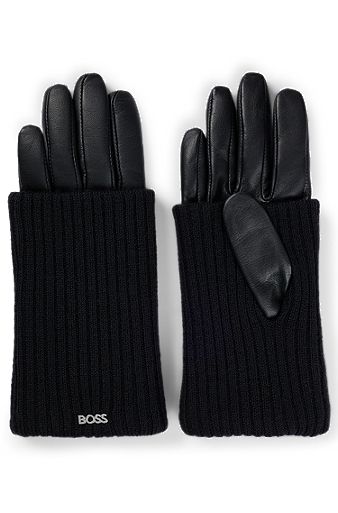 Leather gloves with wool ribbing and touchscreen-friendly fingertips, Black