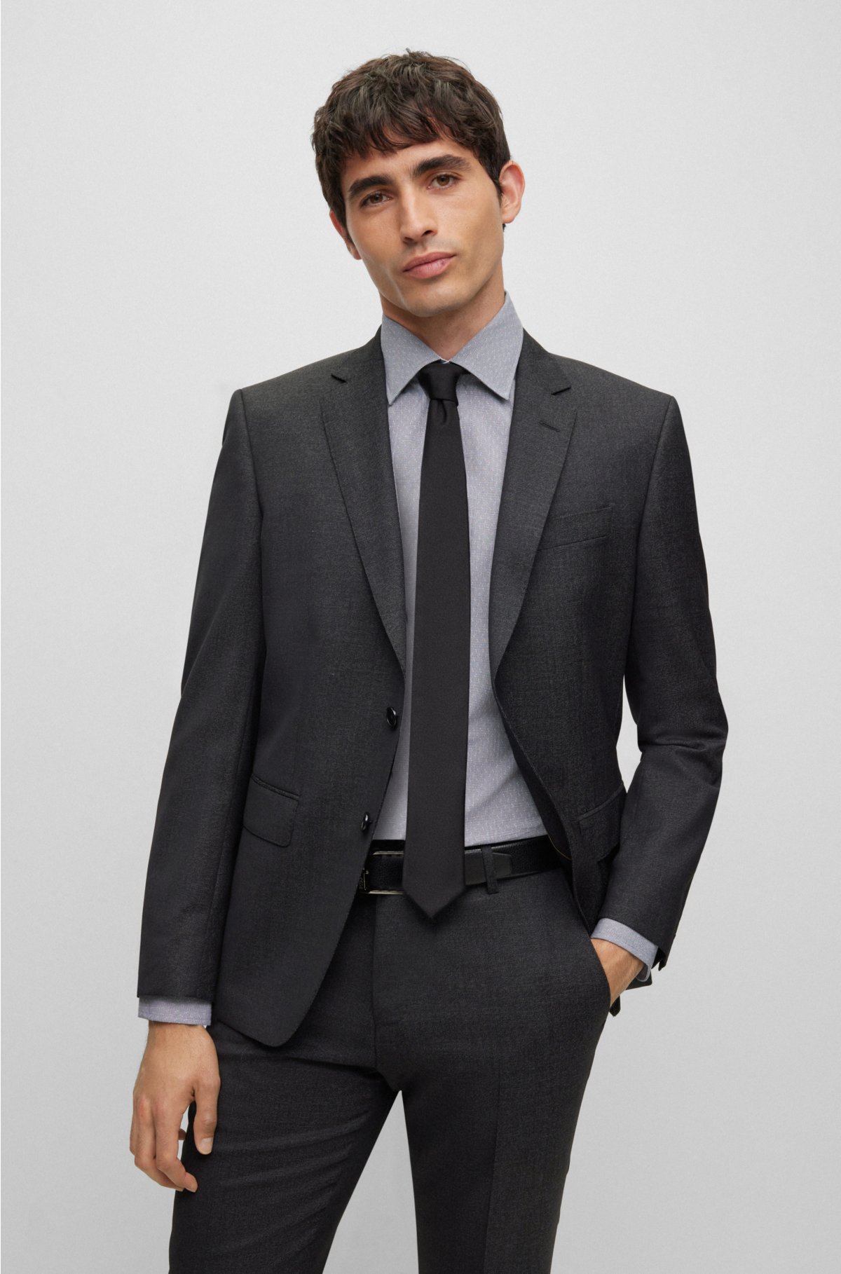 BOSS - Slim-fit shirt in easy-iron structured stretch cotton