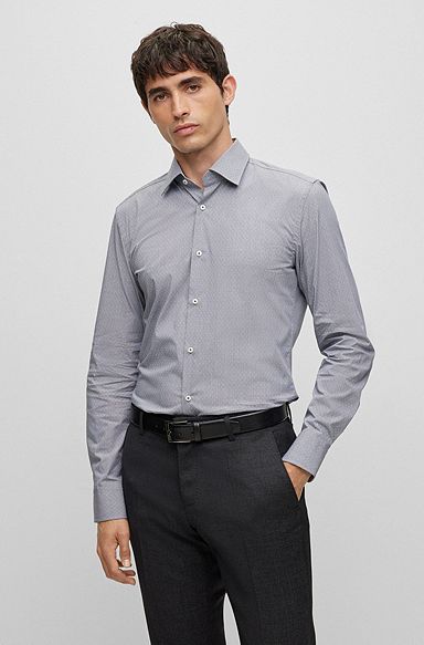 Camisa slim fit de algodón elástico estructurado de planchado fácil, Azul oscuro