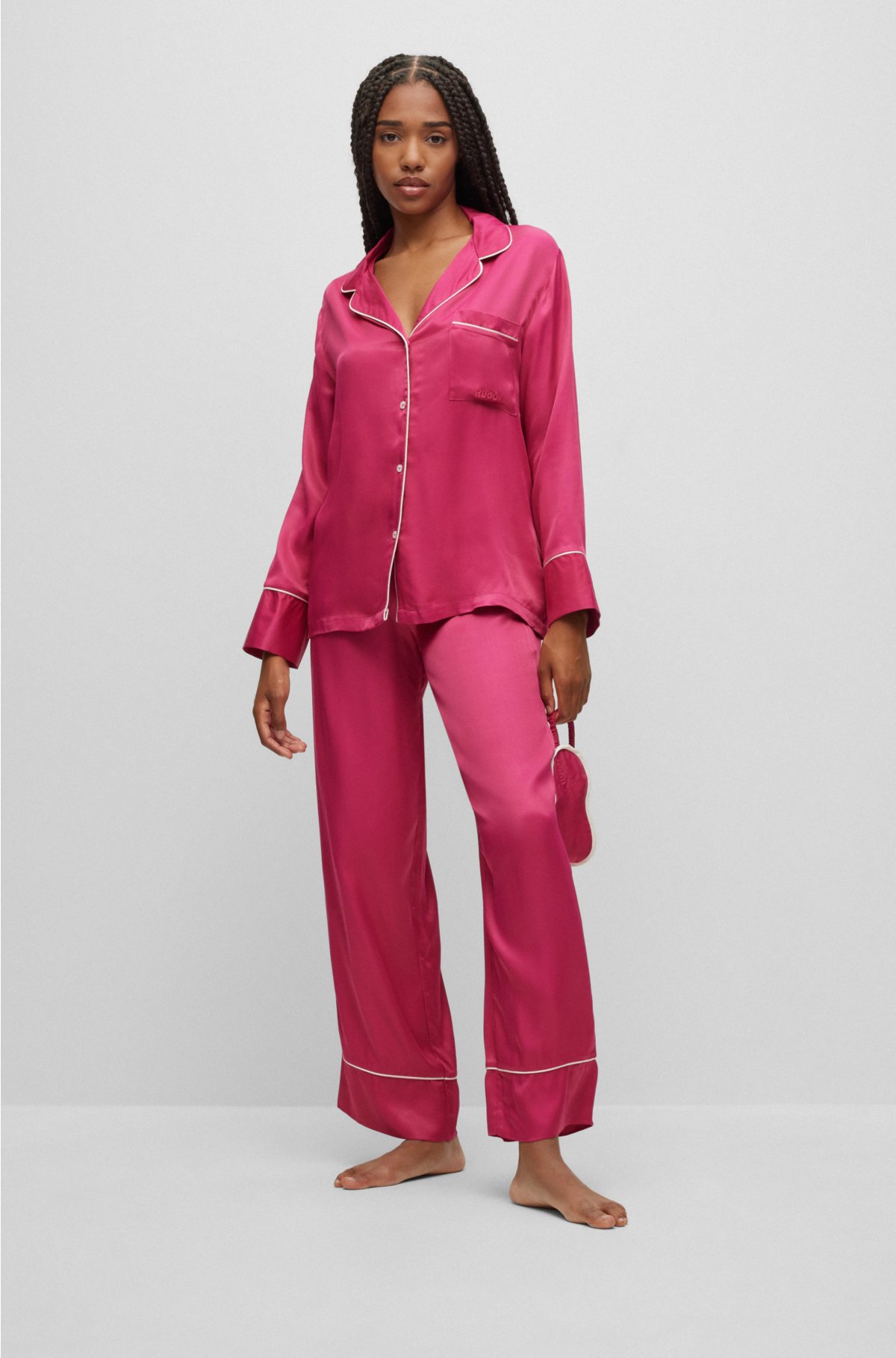 HUGO - Relaxed-fit pajamas satin contrast piping with