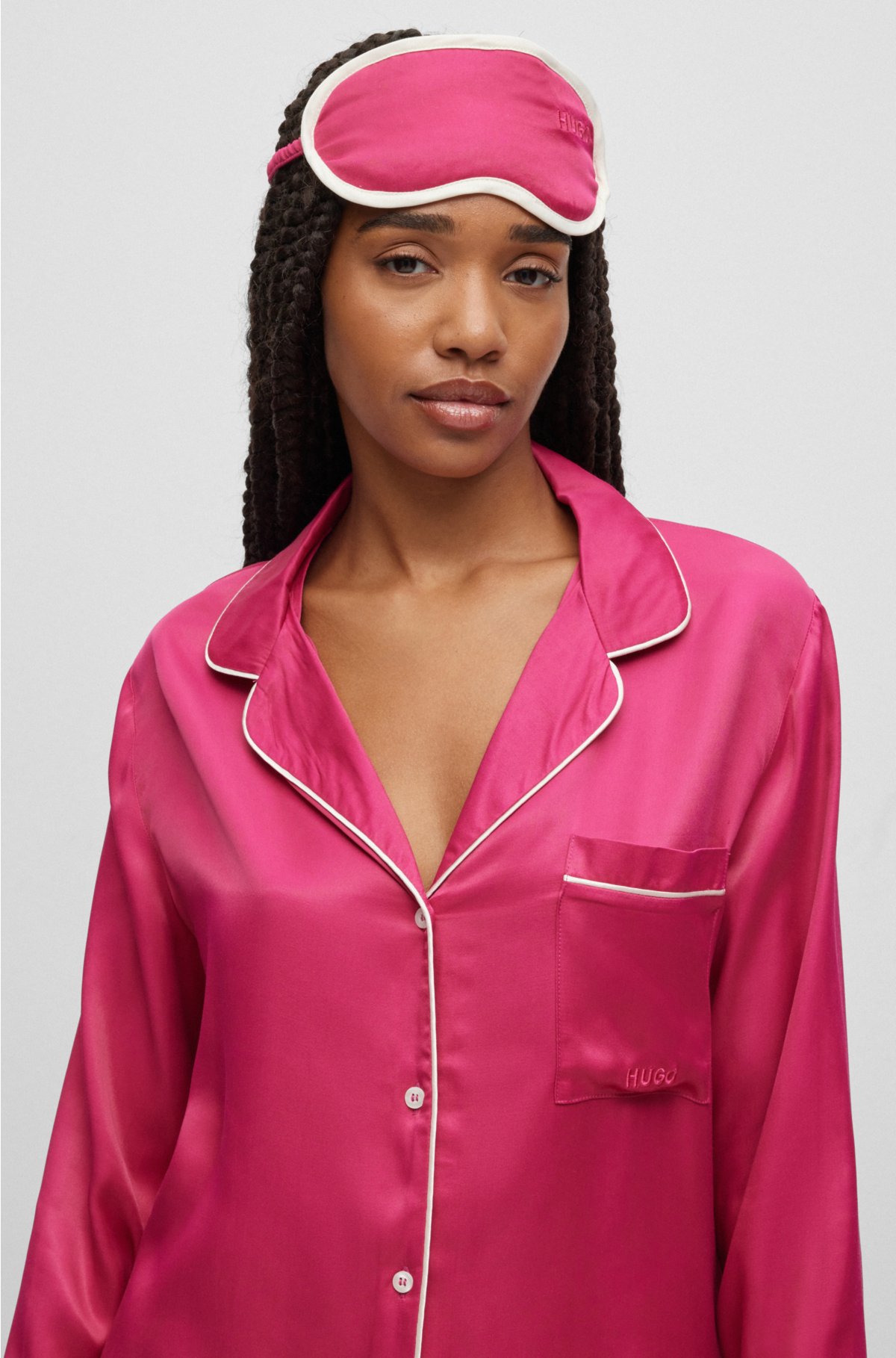 Relaxed-fit satin pajamas with contrast piping