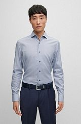 Slim-fit shirt in easy-iron structured stretch cotton, Light Blue