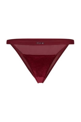 Hugo Velvet-trimmed Mesh Briefs With Logo Waistband In Dark Red