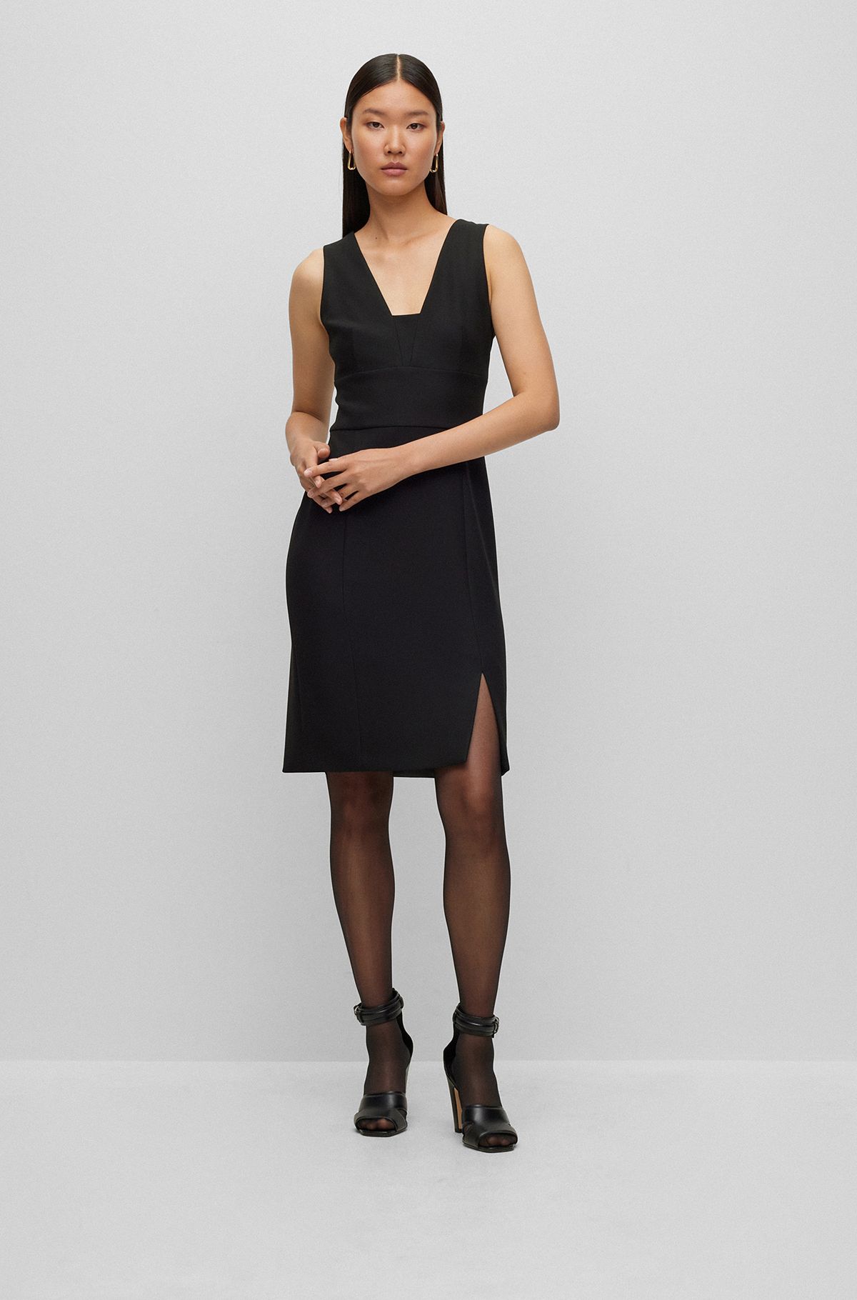 Slim-fit dress with front slit, Black