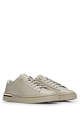 Leather cupsole trainers with logos and signature stripe, Beige