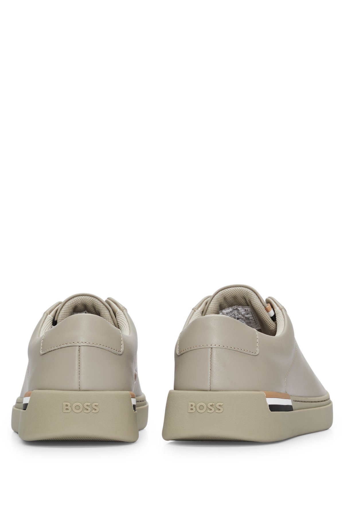 Leather cupsole trainers with logos and signature stripe, Beige