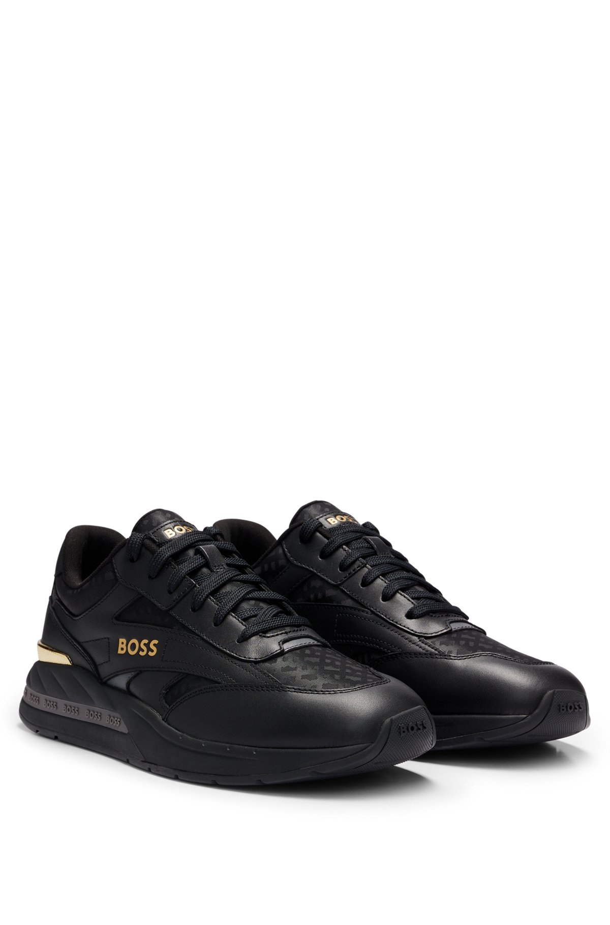 Mixed-material trainers with leather and monogram jacquard, Black