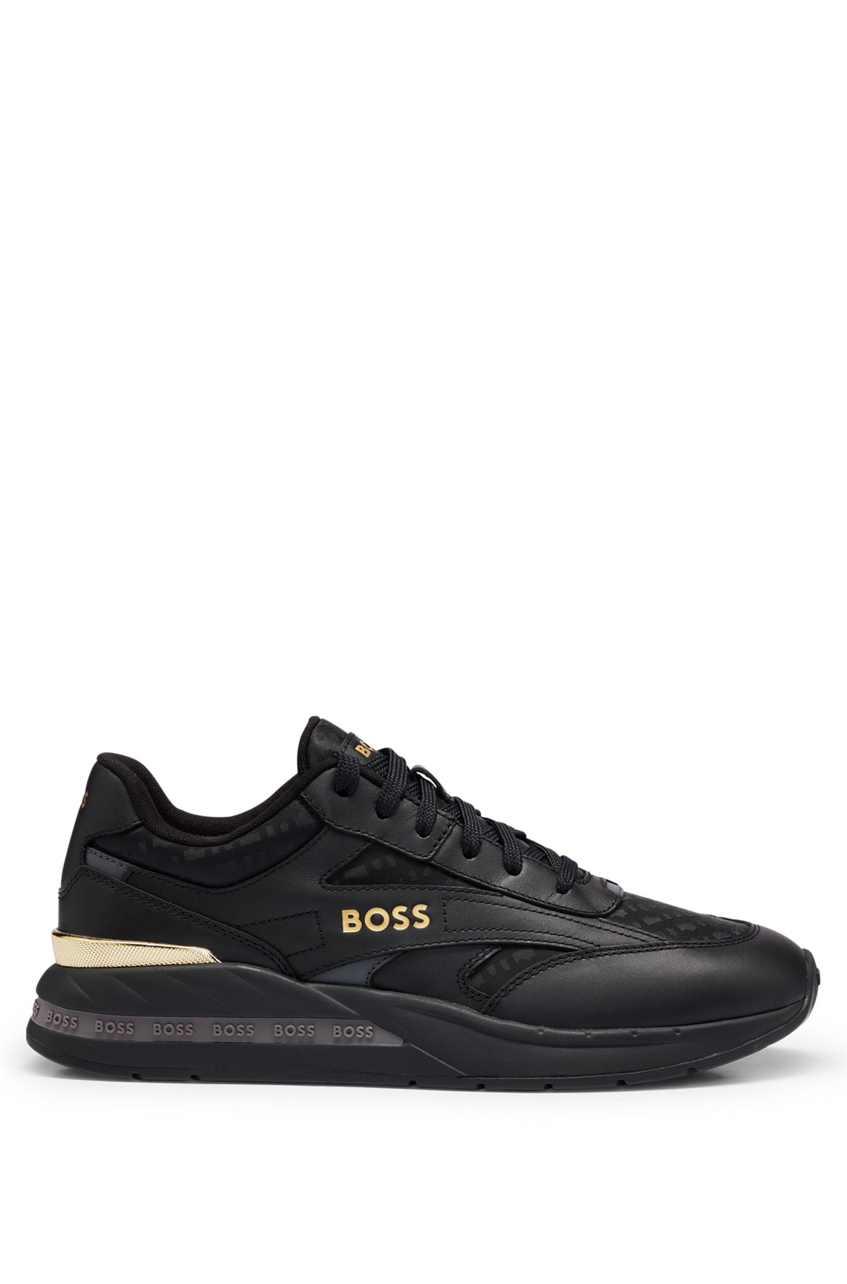 Mixed-material trainers with leather and monogram jacquard, Black