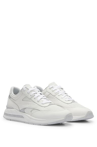 Low-top trainers with perforated and plain leather, White