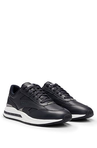 Low-top trainers with perforated and plain leather, Dark Blue