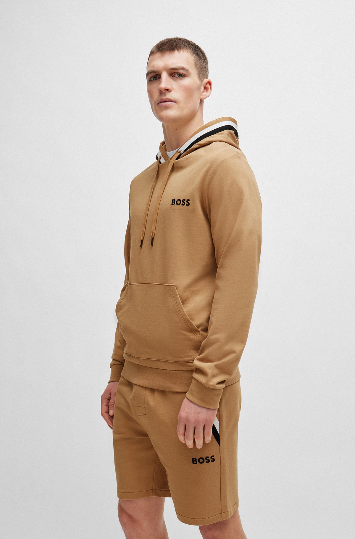 Cotton-terry hoodie with logo and signature stripe, Beige