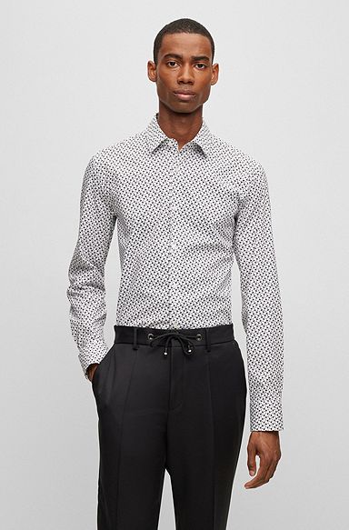 Slim-fit shirt in printed stretch cotton, Black