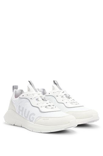 Mixed-material lace-up sneakers with logo details, White