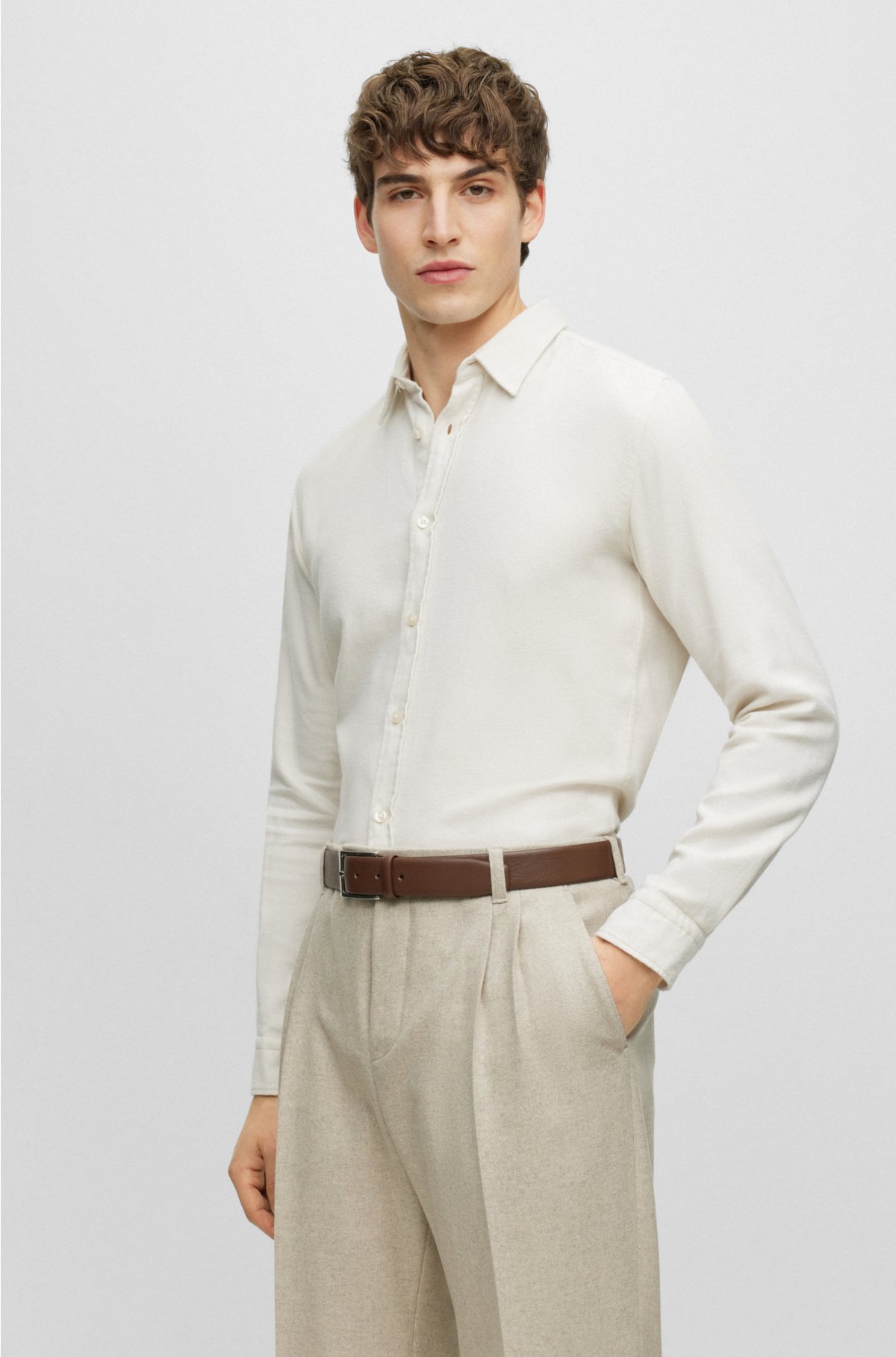 Slim-fit shirt in washed cotton twill, White