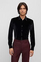 Slim-fit shirt in stretch velvet, Black