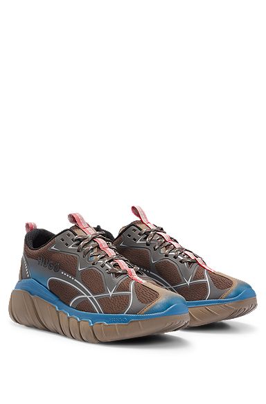 Mixed-material trainers with chunky profile and transparent mesh, Light Brown