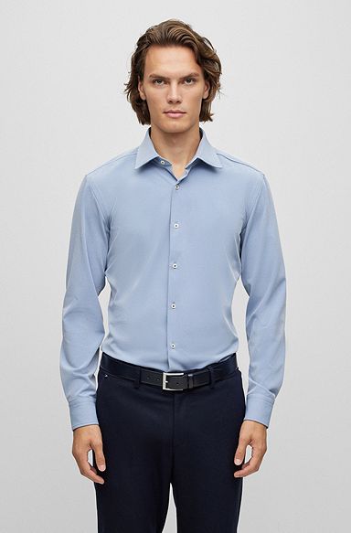 Slim-fit shirt in structured performance-stretch fabric, Dark Blue