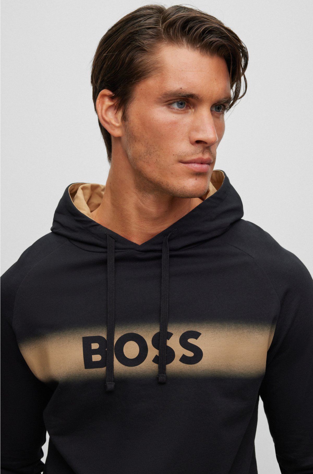 Cotton regular-fit hoodie with printed logo, Black