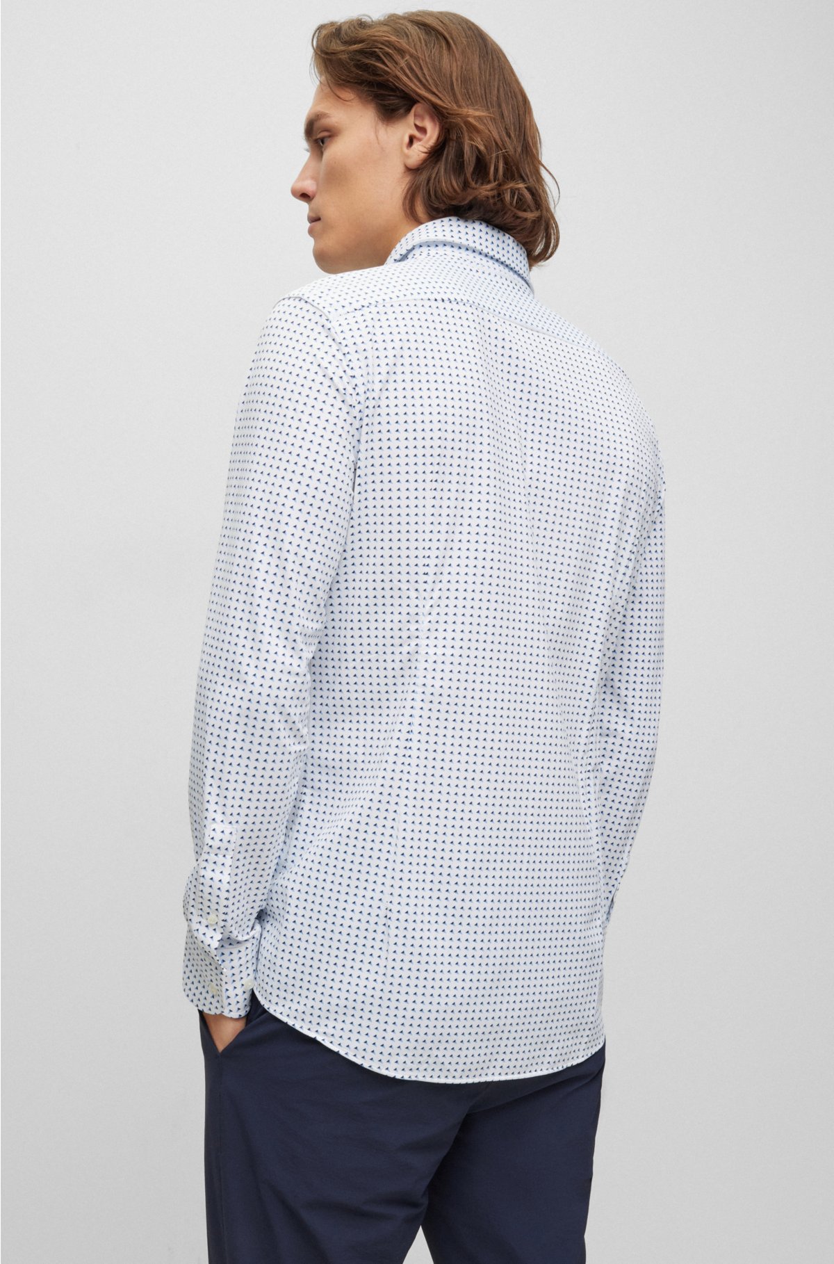 Slim-fit shirt in printed performance-stretch fabric, Light Blue