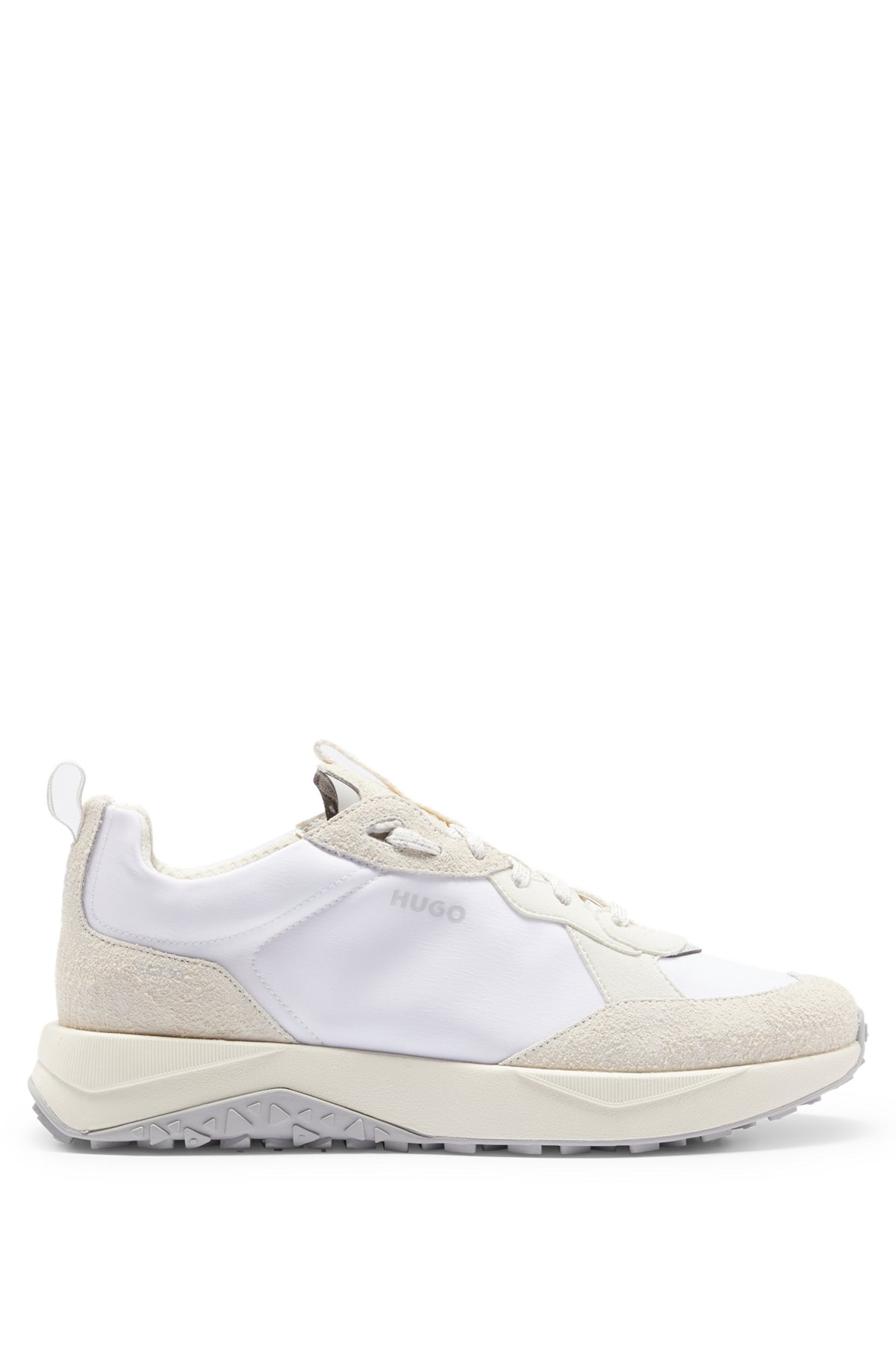 Mixed-material trainers with fluffy suede and branding, White