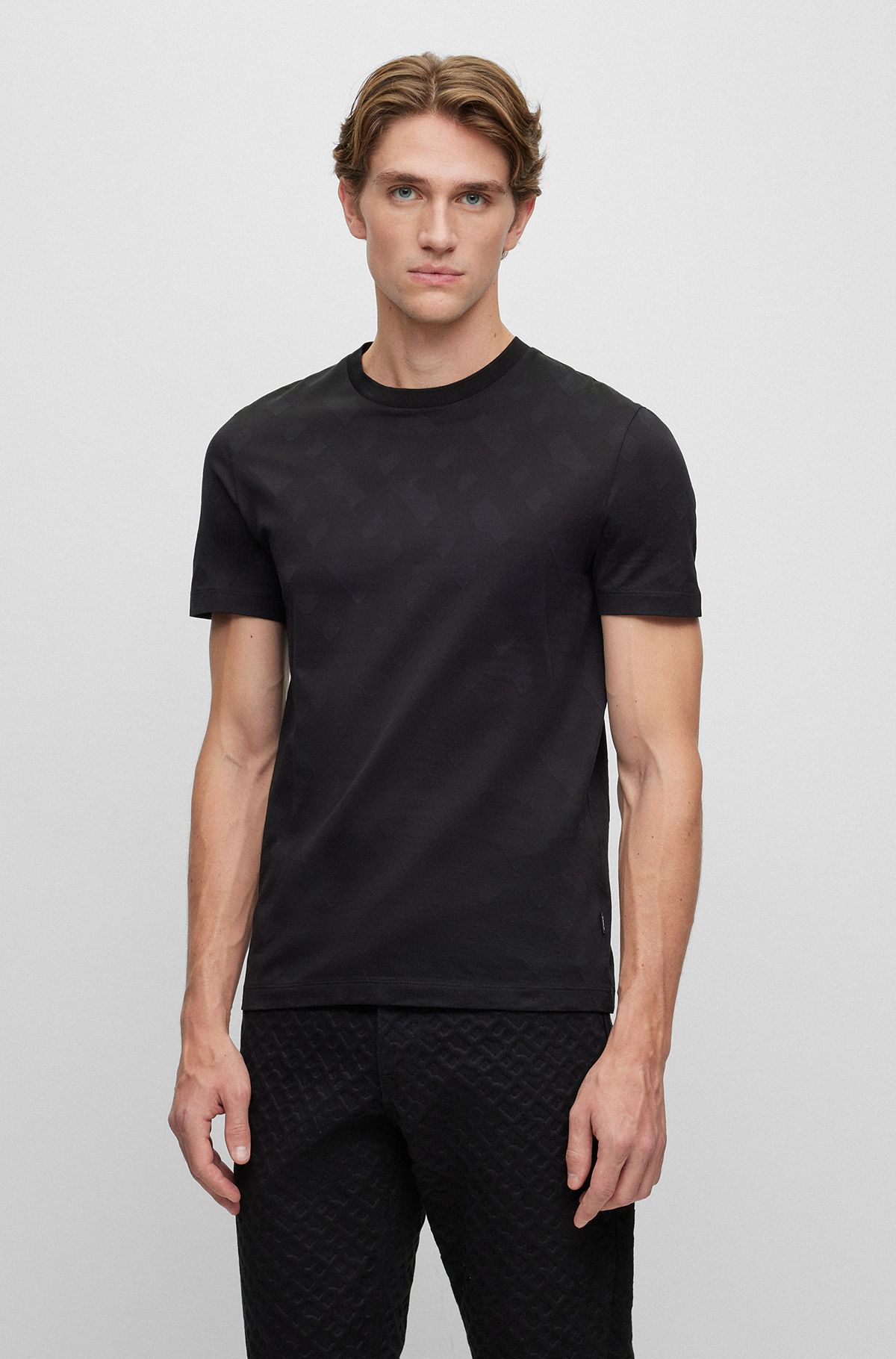 Mercerized-cotton regular-fit T-shirt with monogram jacquard, Black