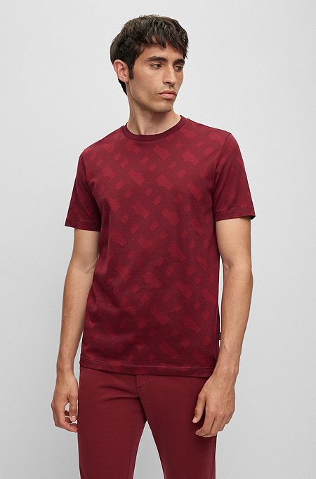 Mercerized-cotton regular-fit T-shirt with monogram jacquard, Dark Red
