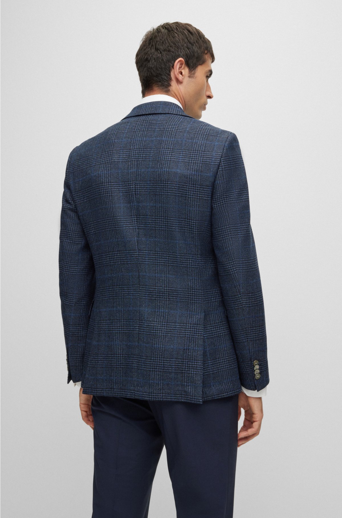 Slim-fit jacket in a checked stretch-wool blend , Dark Blue