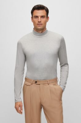 BOSS - High-neck T-shirt in cotton and silk jacquard - Silver