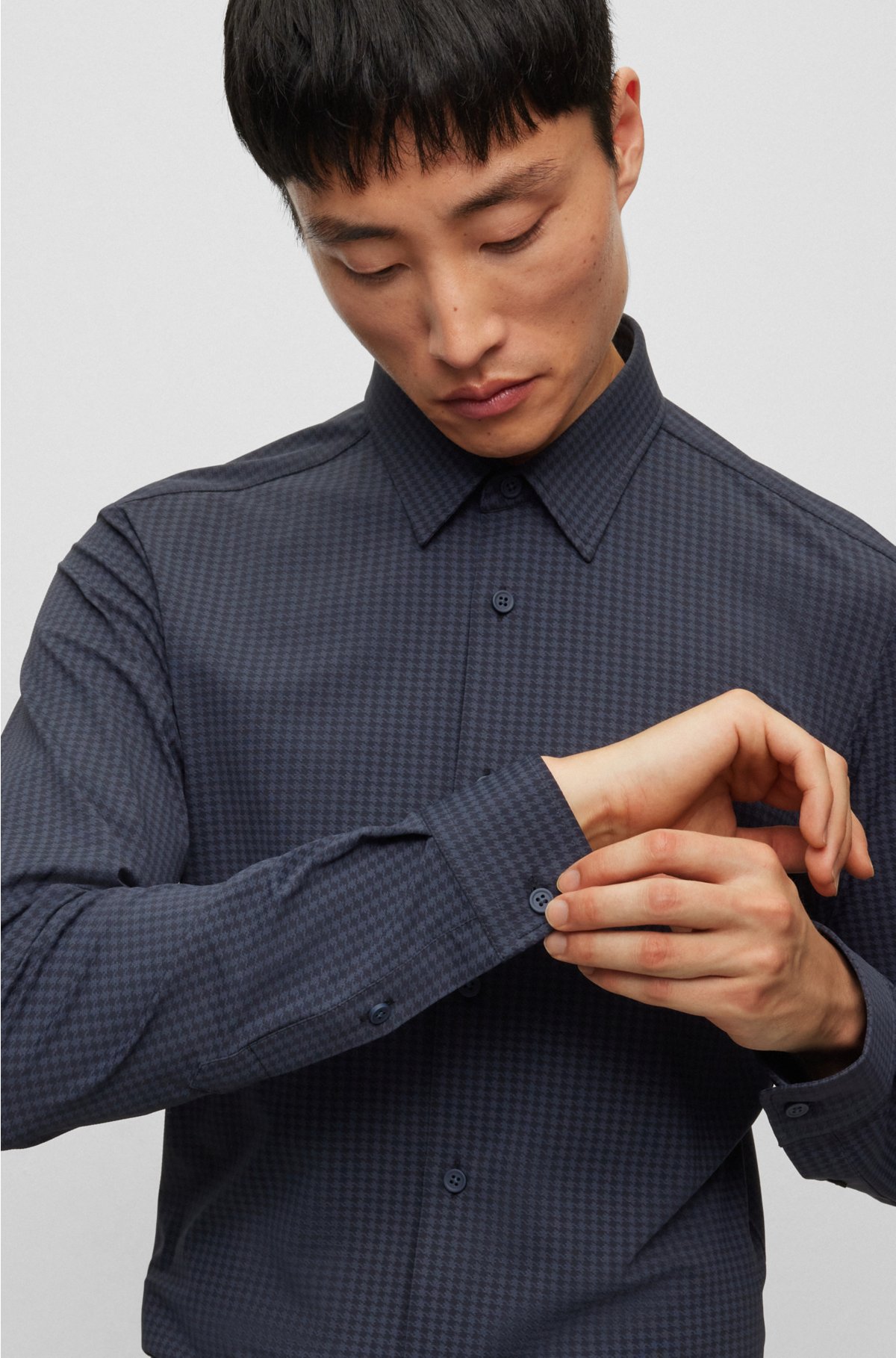 Slim-fit shirt in printed performance-stretch fabric, Blue