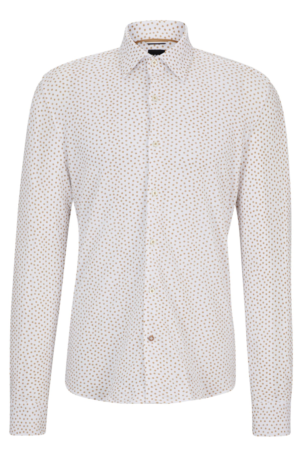 Slim-fit shirt in printed cotton with Kent collar, Beige