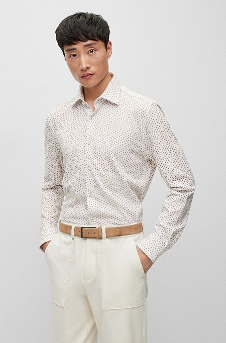 Slim-fit shirt in printed cotton with Kent collar, Beige