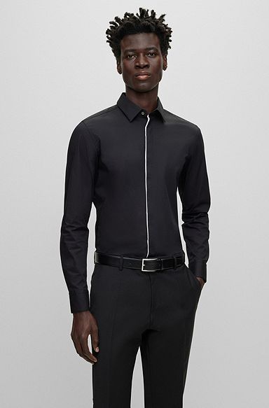 Slim-fit dress shirt in easy-iron stretch cotton, Black