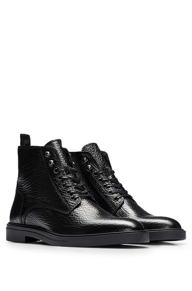 Lace-up half boots in grained leather with zip, Black