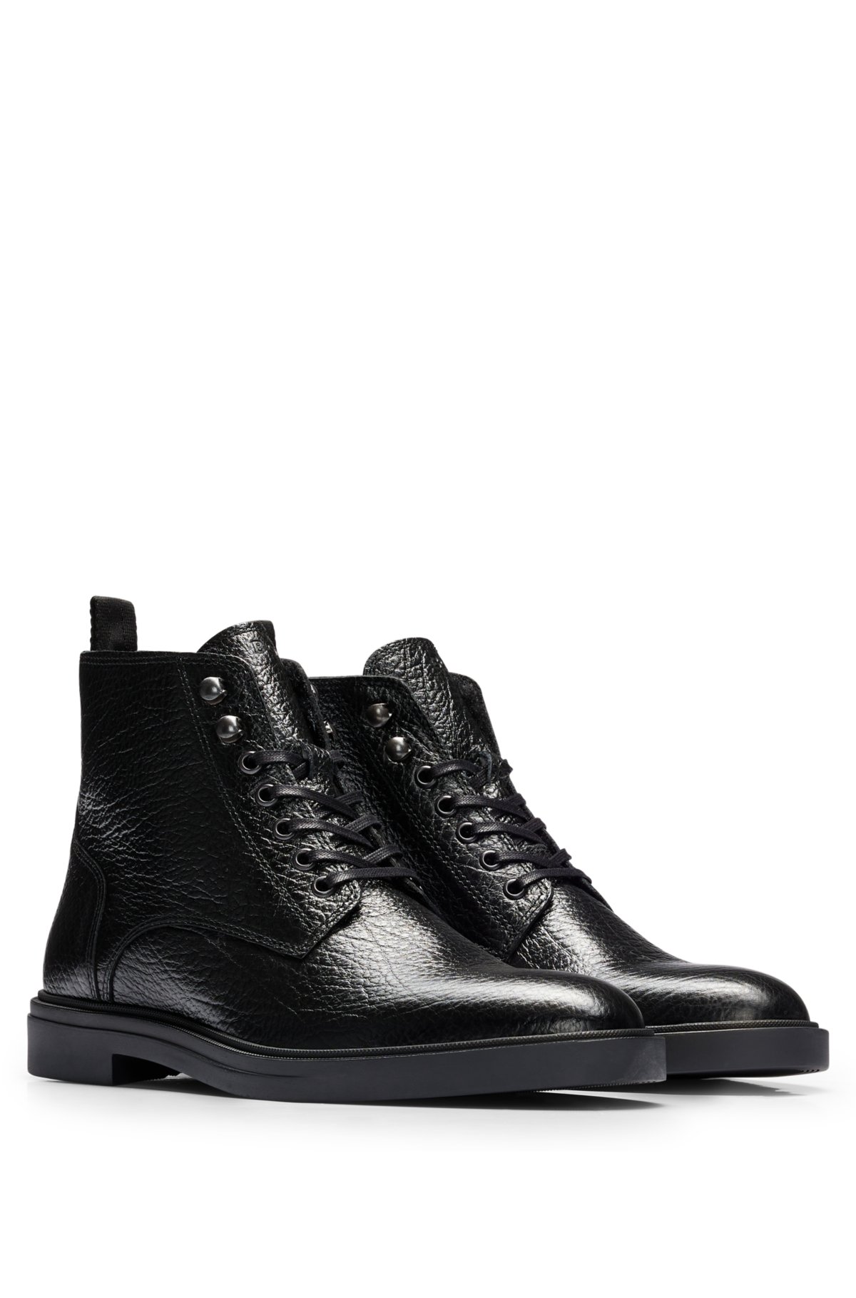 BOSS - Lace-up half boots in grained leather with zip