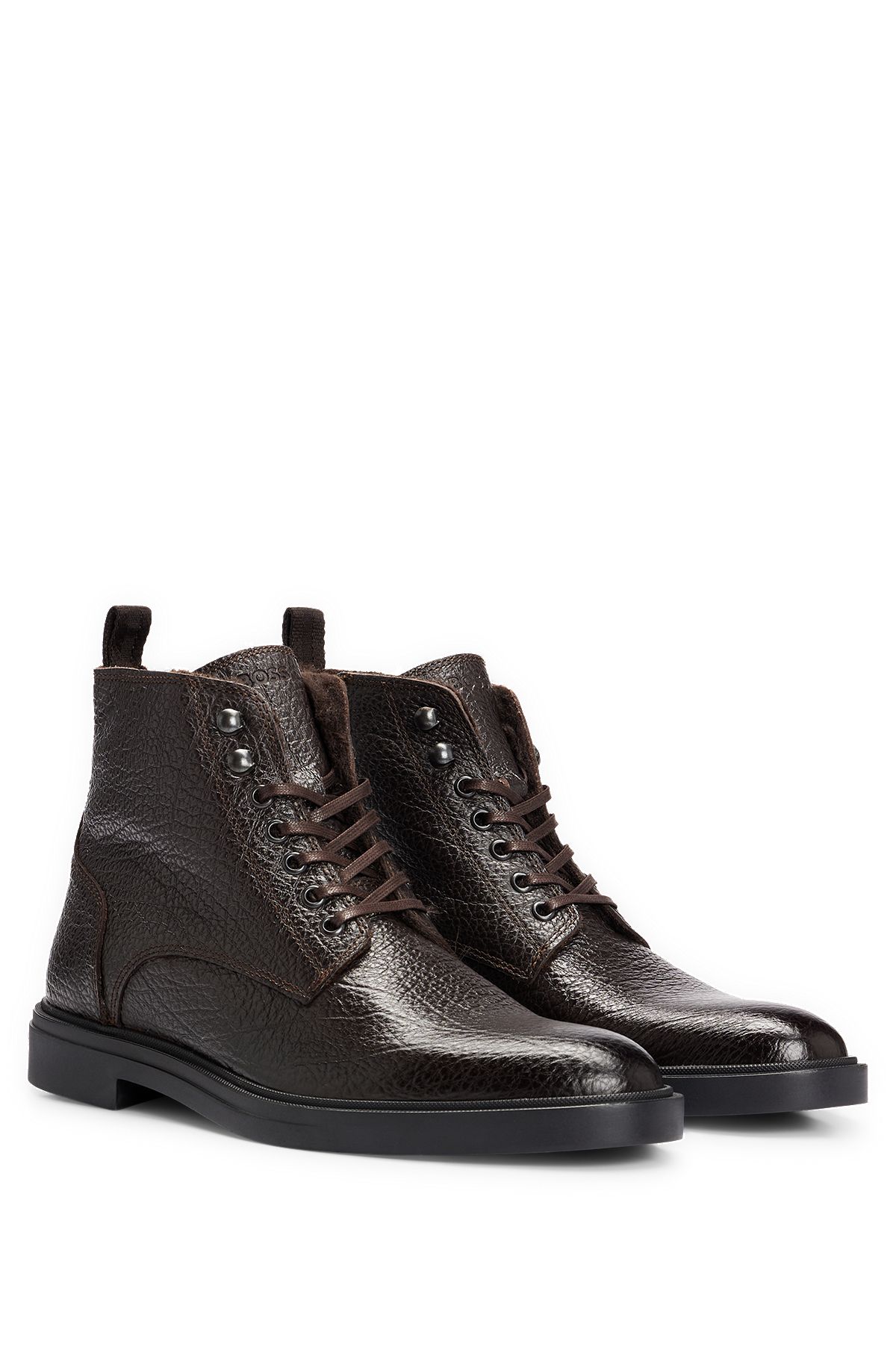 Lace-up half boots in grained leather with zip, Dark Brown